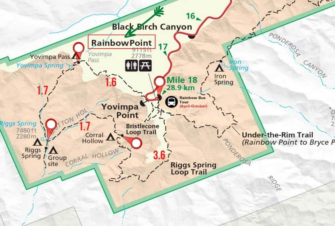 Best Hikes in Bryce Canyon Map of Riggs Spring Loop Trail in Bryce Canyon