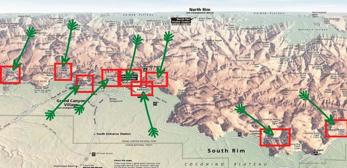 Best Photography Locations in Grand Canyon National Park Map of the Best Photography Locations in Grand Canyon