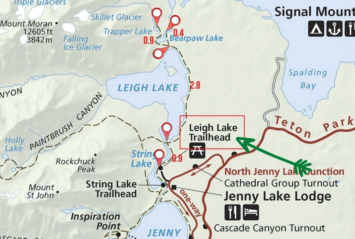 Map of Bearpaw and Trapper Lakes Trail in Grand Teton National Park