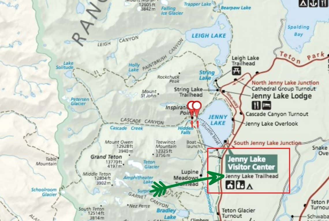 Map of Hidden Falls and Inspiration Point Trail in Grand Teton National Park