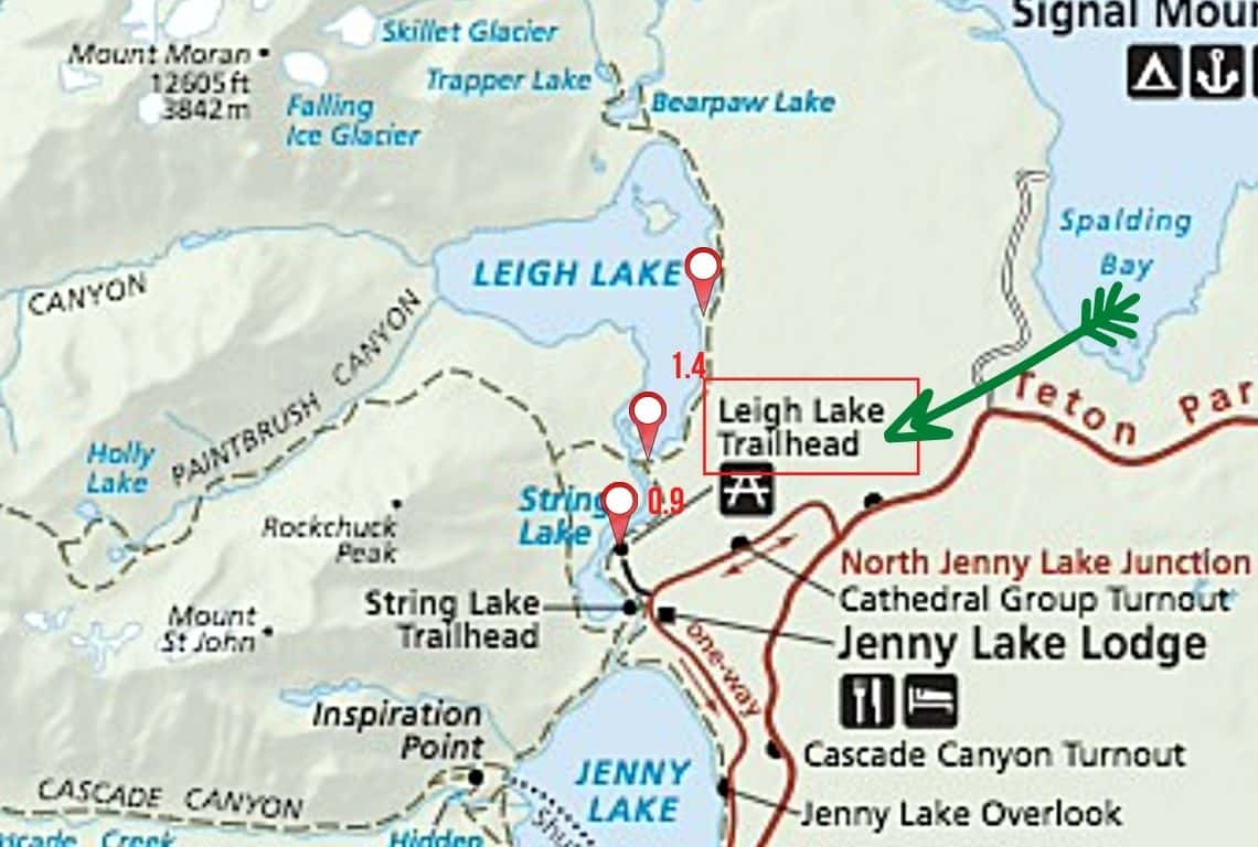 Map of String Lake and Leigh Lake Trail in Grand Teton National Park