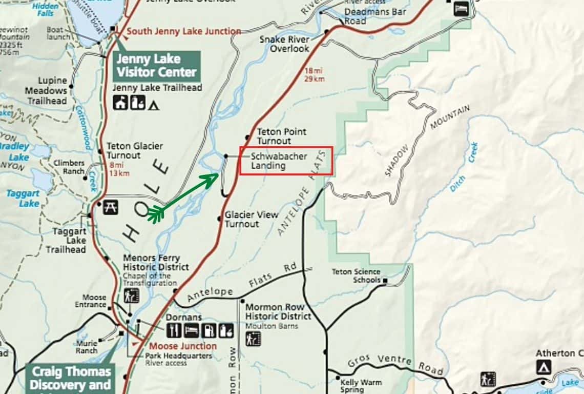 Map of Schwabacher Landing Trail in Grand Teton National Park