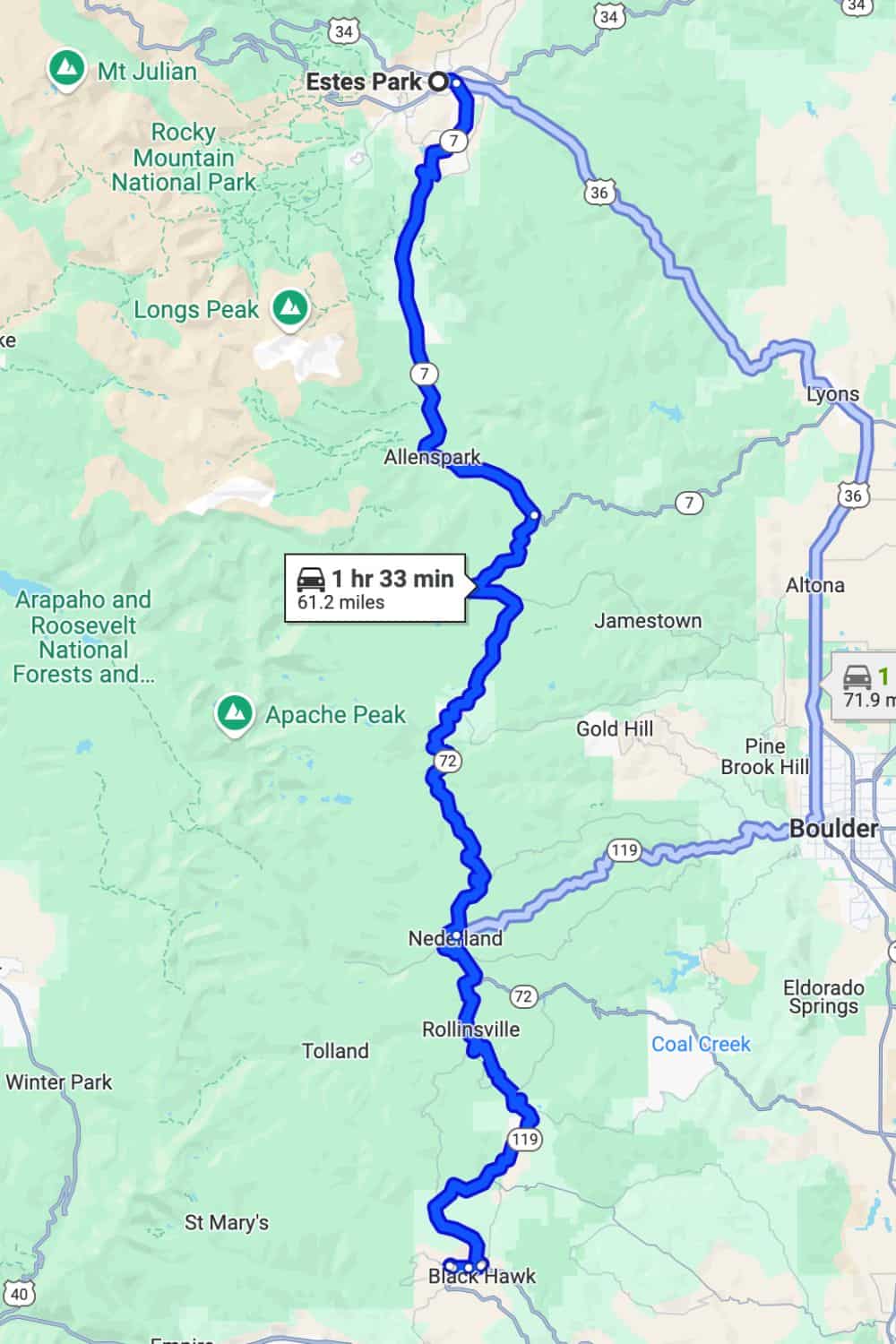 Peak to Peak Scenic Byway Map